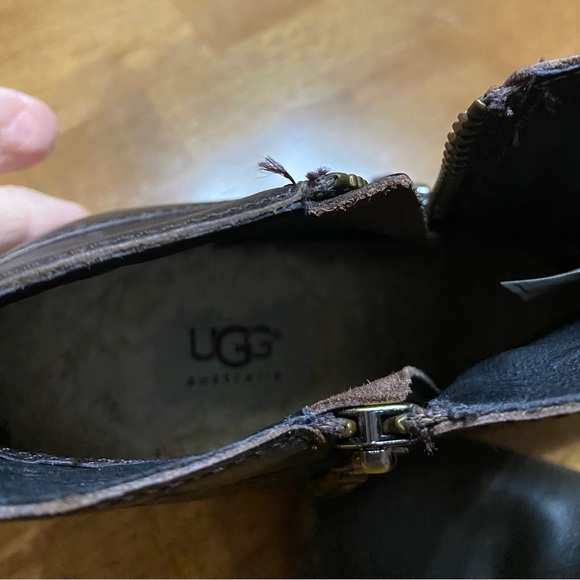 UGG Dark Brown Leather Boots Meredith Lodge Wedge Booties Zip Sides 8 - Picture 7 of 12